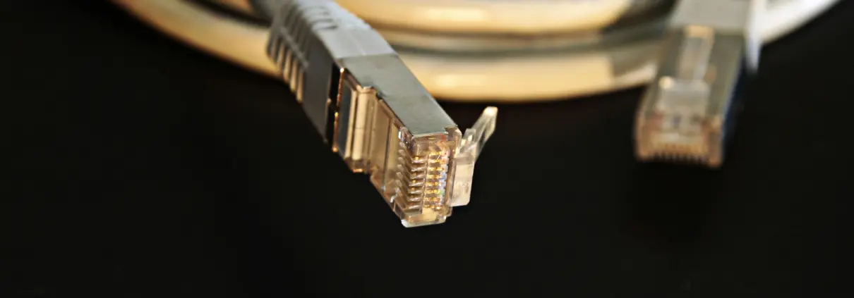 Detailed close-up of a network Ethernet cable showing connectors on a black background.