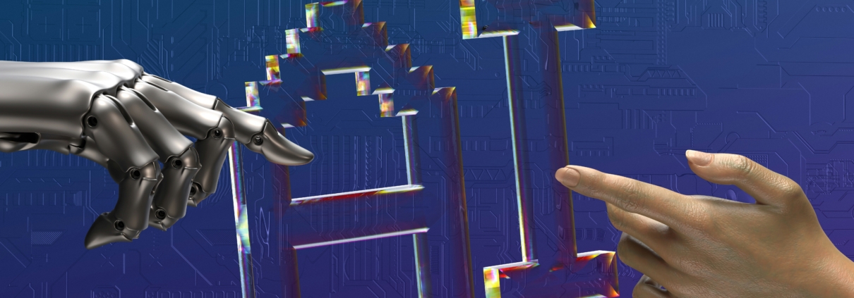 Robot hand and human hand reaching out to each other, symbolizing collaboration between artificial intelligence and human skills.